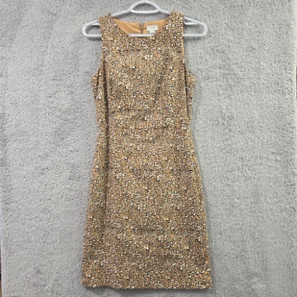 J Crew Leopard Dress Women's 0 Tan Animal Print Sleeveless Sheath Lined Zip Back